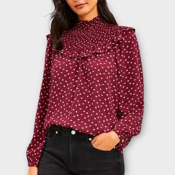 LOFT Burgundy Floral Ruffle Smocked Yoke Blouse XL Monarch Loose Boho Peasant - Picture 1 of 10